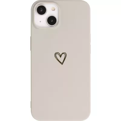 Coque iPhone 13 - Silicone mat dessin cœur doré - Gris