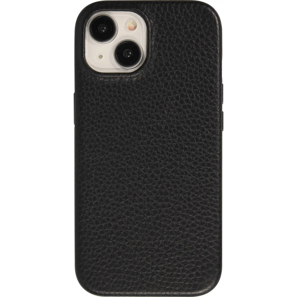 Coque iPhone 14 - Cuir de veau luxe grain&eacute; int&eacute;gral avec boutons m&eacute;talliques et MagSafe - Noir