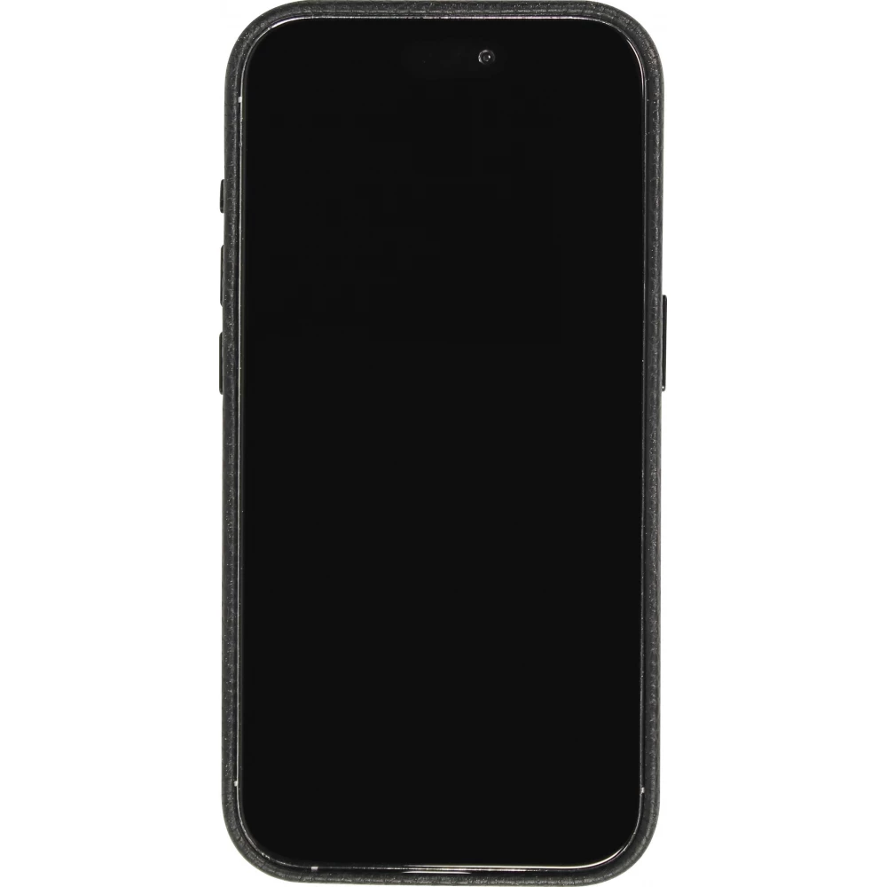 Coque iPhone 14 - Cuir de veau luxe grain&eacute; int&eacute;gral avec boutons m&eacute;talliques et MagSafe - Noir