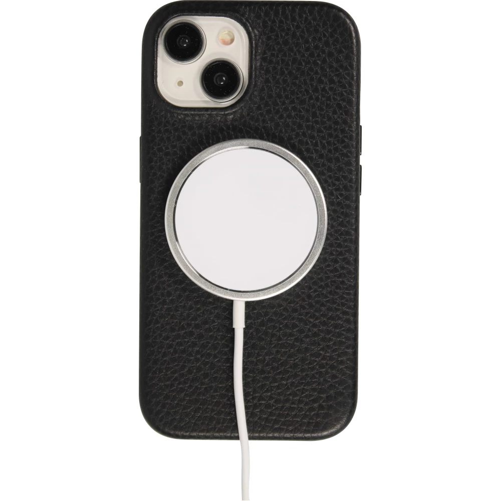 Coque iPhone 14 - Cuir de veau luxe grain&eacute; int&eacute;gral avec boutons m&eacute;talliques et MagSafe - Noir
