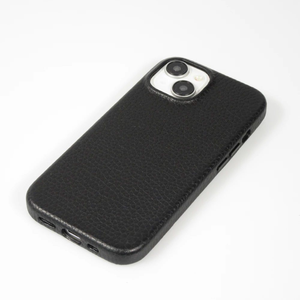 Coque iPhone 14 - Cuir de veau luxe grain&eacute; int&eacute;gral avec boutons m&eacute;talliques et MagSafe - Noir