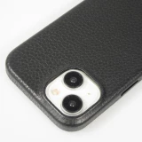 Coque iPhone 14 - Cuir de veau luxe grain&eacute; int&eacute;gral avec boutons m&eacute;talliques et MagSafe - Noir