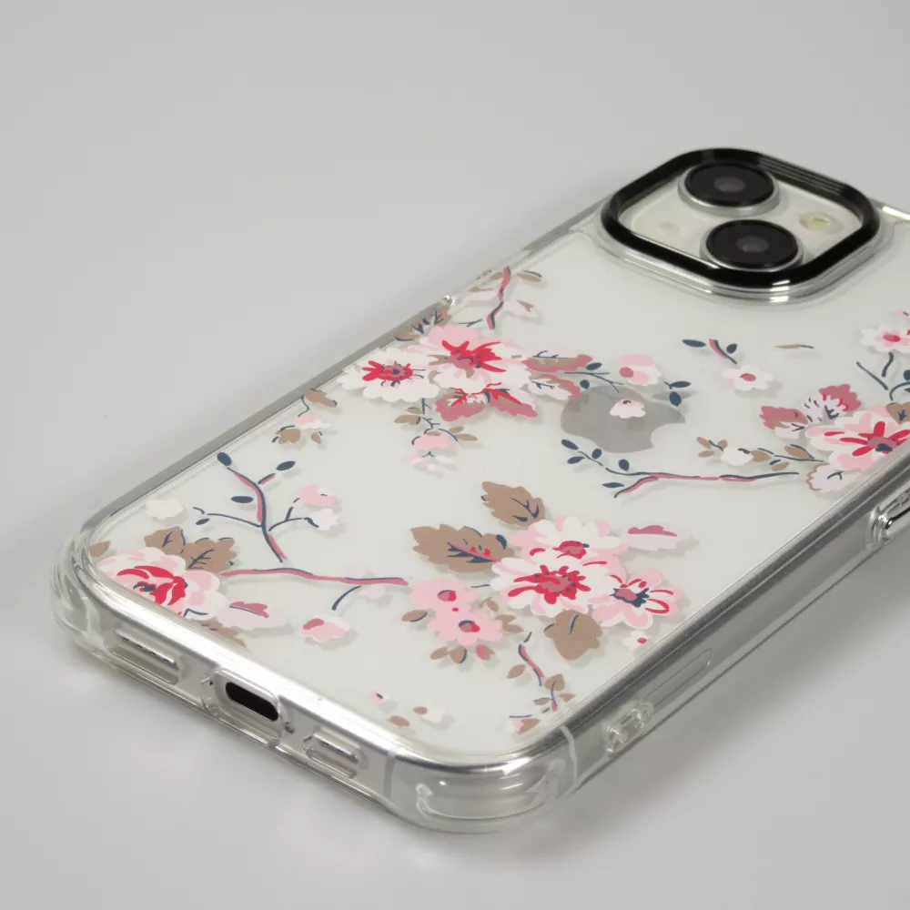 iPhone 14 Case Hülle - Straffes Gummi Silikon mit verstärkten Ecken blühende Kirschblüte - Transparent