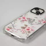 iPhone 14 Case Hülle - Straffes Gummi Silikon mit verstärkten Ecken blühende Kirschblüte - Transparent