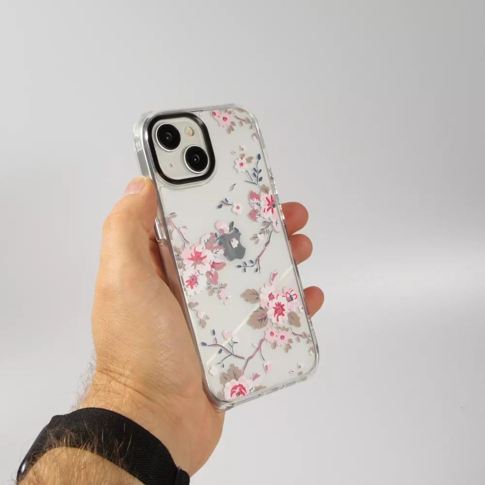 iPhone 14 Case Hülle - Straffes Gummi Silikon mit verstärkten Ecken blühende Kirschblüte - Transparent