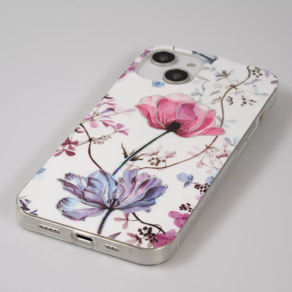 iPhone 15 Case Hülle - Silikon Gel blütende Rose - Weiss