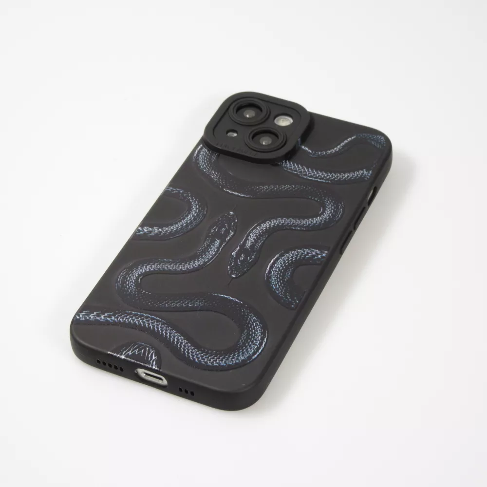 iPhone 14 Case Hülle - Weiches Silikongel mit Kameraschutz - Zwei Schlangen - Schwarz