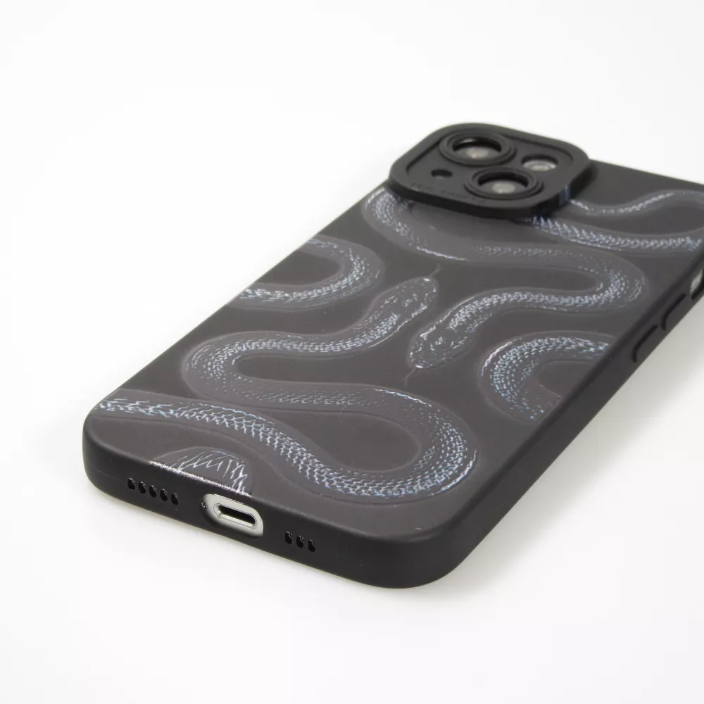 iPhone 14 Case Hülle - Weiches Silikongel mit Kameraschutz - Zwei Schlangen - Schwarz