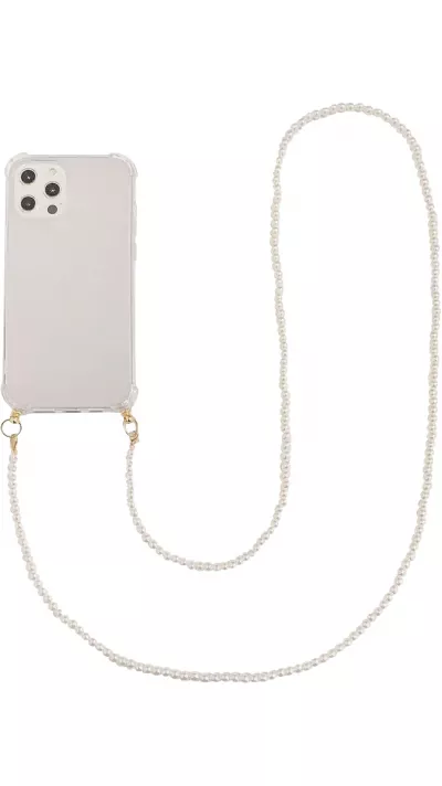 Coque iPhone 14 Pro Max - Gel transparente avec chaine en perle intégrée blanc