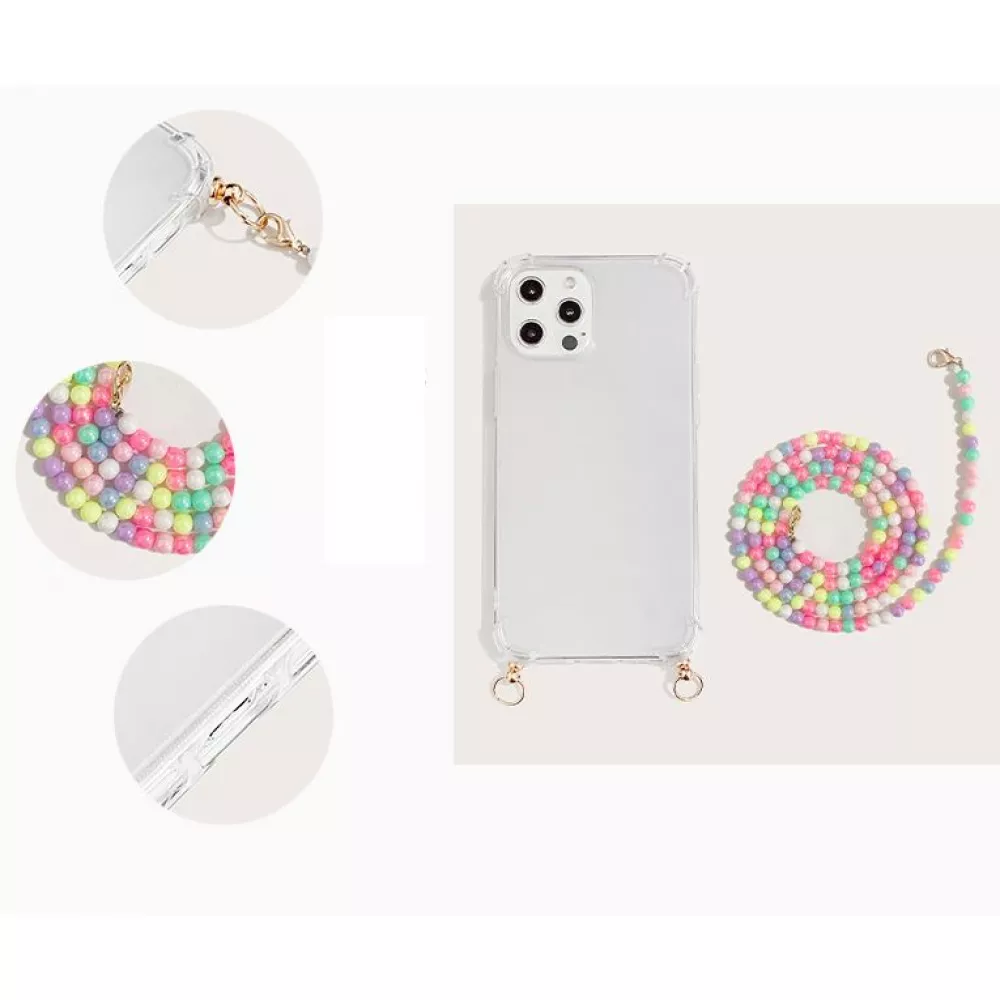 iPhone 14 Pro Max Case Hülle - Gummi transparent mit weisser integrierter Perlenkette