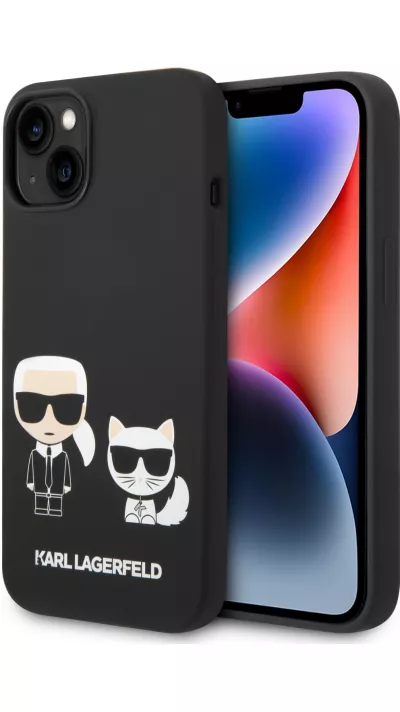 iPhone 14 Case Hülle - Karl Lagerfeld und Choupette Duo Soft-Touch-Silikon - Schwarz