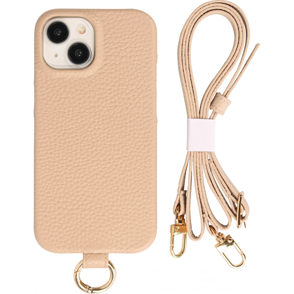 Coque iPhone 14 - Premium cuir v&eacute;ritable de luxe avec lani&egrave;re en cuir r&eacute;glable et amovible + MagSafe - Beige