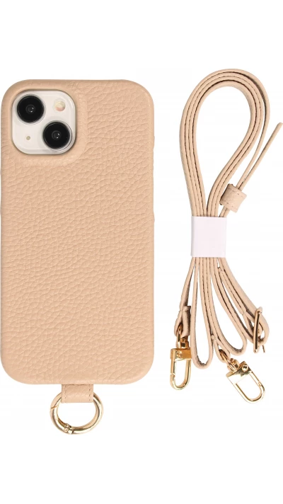 iPhone 14 Case H&uuml;lle - Premium Luxus Echtleder mit verstell- und abnehmbarem Lederriemen + MagSafe - Beige