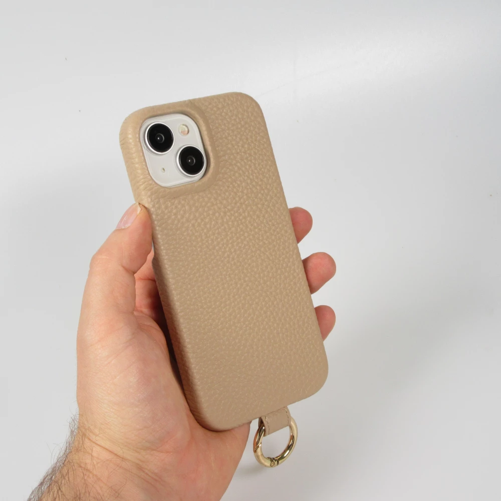 Coque iPhone 14 - Premium cuir v&eacute;ritable de luxe avec lani&egrave;re en cuir r&eacute;glable et amovible + MagSafe - Beige