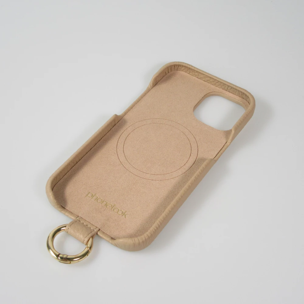 Coque iPhone 14 - Premium cuir v&eacute;ritable de luxe avec lani&egrave;re en cuir r&eacute;glable et amovible + MagSafe - Beige