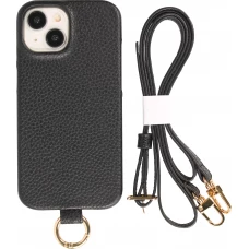Coque iPhone 14 - Premium cuir v&eacute;ritable de luxe avec lani&egrave;re en cuir r&eacute;glable et amovible + MagSafe - Noir