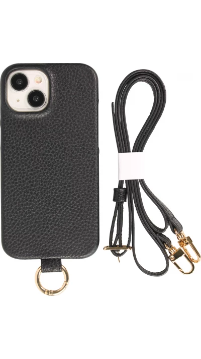 iPhone 15 Case H&uuml;lle - Premium Luxus Echtleder mit verstell- und abnehmbarem Lederriemen + MagSafe - Schwarz