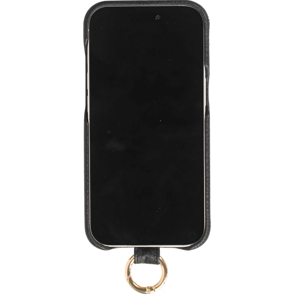 Coque iPhone 14 - Premium cuir v&eacute;ritable de luxe avec lani&egrave;re en cuir r&eacute;glable et amovible + MagSafe - Noir