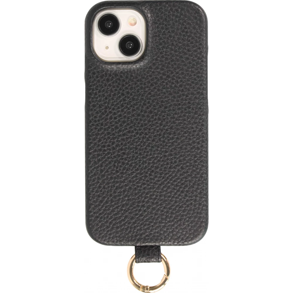 Coque iPhone 14 - Premium cuir v&eacute;ritable de luxe avec lani&egrave;re en cuir r&eacute;glable et amovible + MagSafe - Noir
