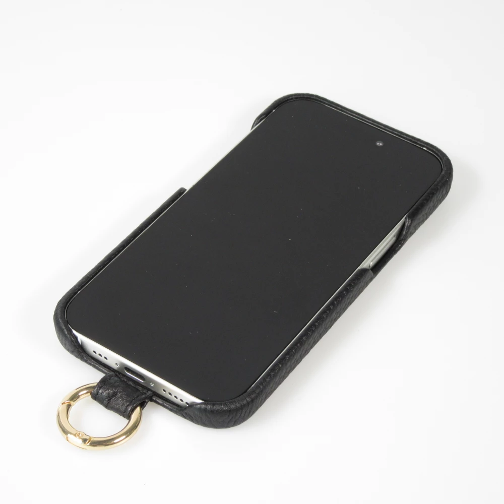 Coque iPhone 14 - Premium cuir v&eacute;ritable de luxe avec lani&egrave;re en cuir r&eacute;glable et amovible + MagSafe - Noir
