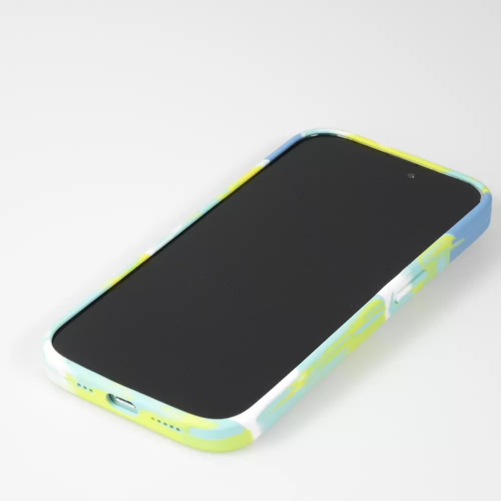 Coque iPhone 14 Pro Max - Gel Soft touch lisse Stripes bleu/jaune