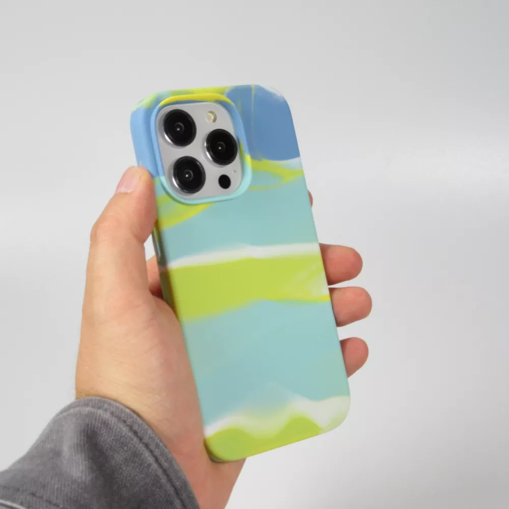 Coque iPhone 14 Pro Max - Gel Soft touch lisse Stripes bleu/jaune