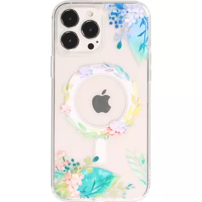 Coque iPhone 16 Pro - Gel silicone rigide avec MagSafe fleurs de printemps - Transparent