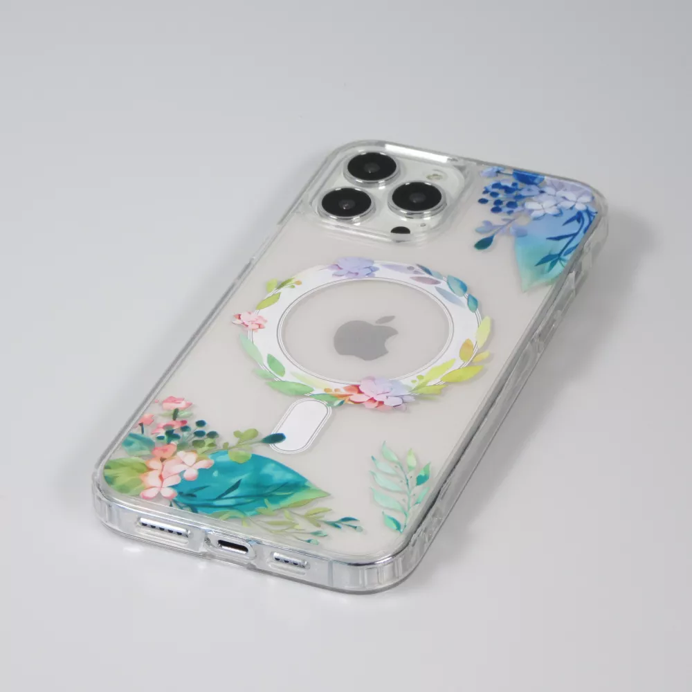 iPhone 16 Pro Case Hülle - Gummi Silikon steif mit MagSafe Frühlings Blumen - Transparent