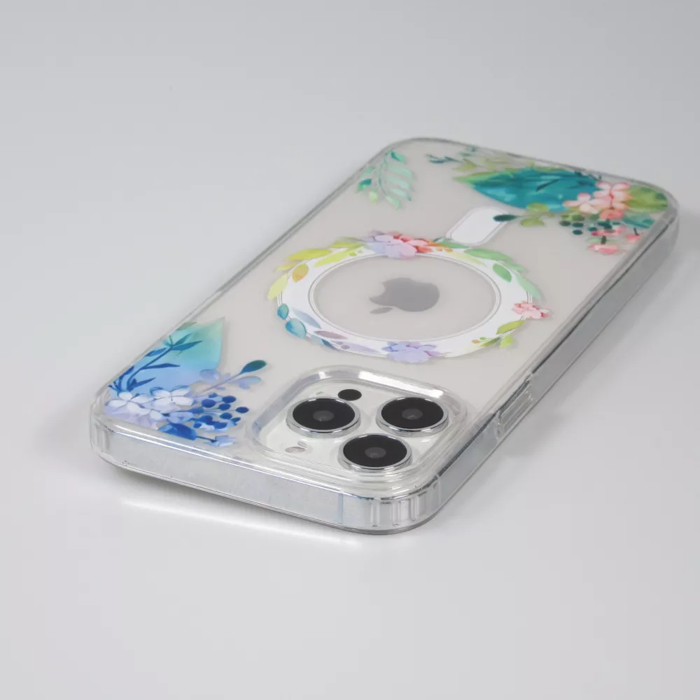 iPhone 16 Pro Case Hülle - Gummi Silikon steif mit MagSafe Frühlings Blumen - Transparent