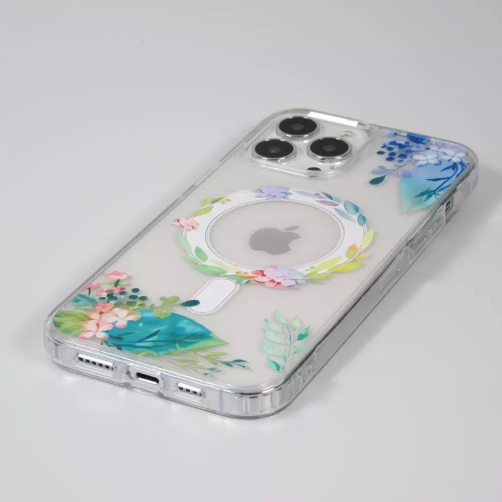 iPhone 16 Pro Case Hülle - Gummi Silikon steif mit MagSafe Frühlings Blumen - Transparent