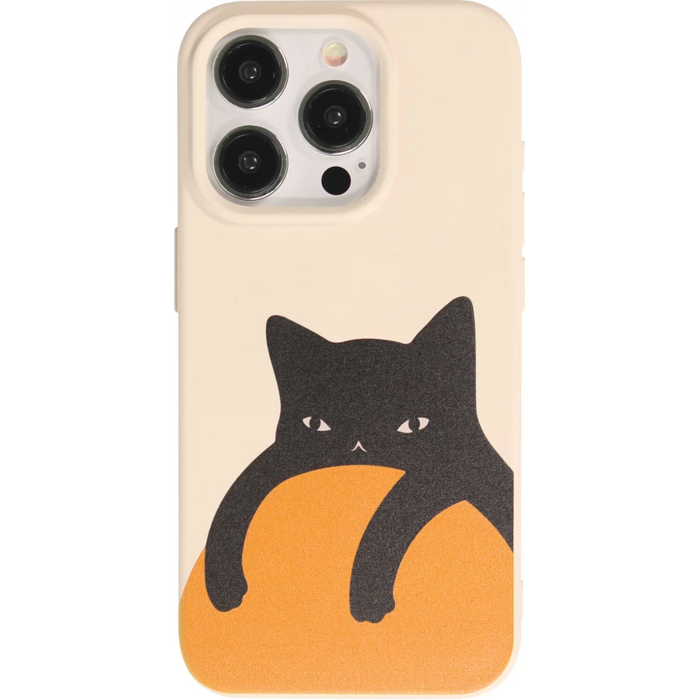 Coque iPhone 14 Pro - Gel silicone souple - Relaxed Cat - Beige