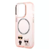 Coque iPhone 14 Pro - Karl Lagerfeld et Choupette duo gel rigide avec MagSafe argenté - Rose