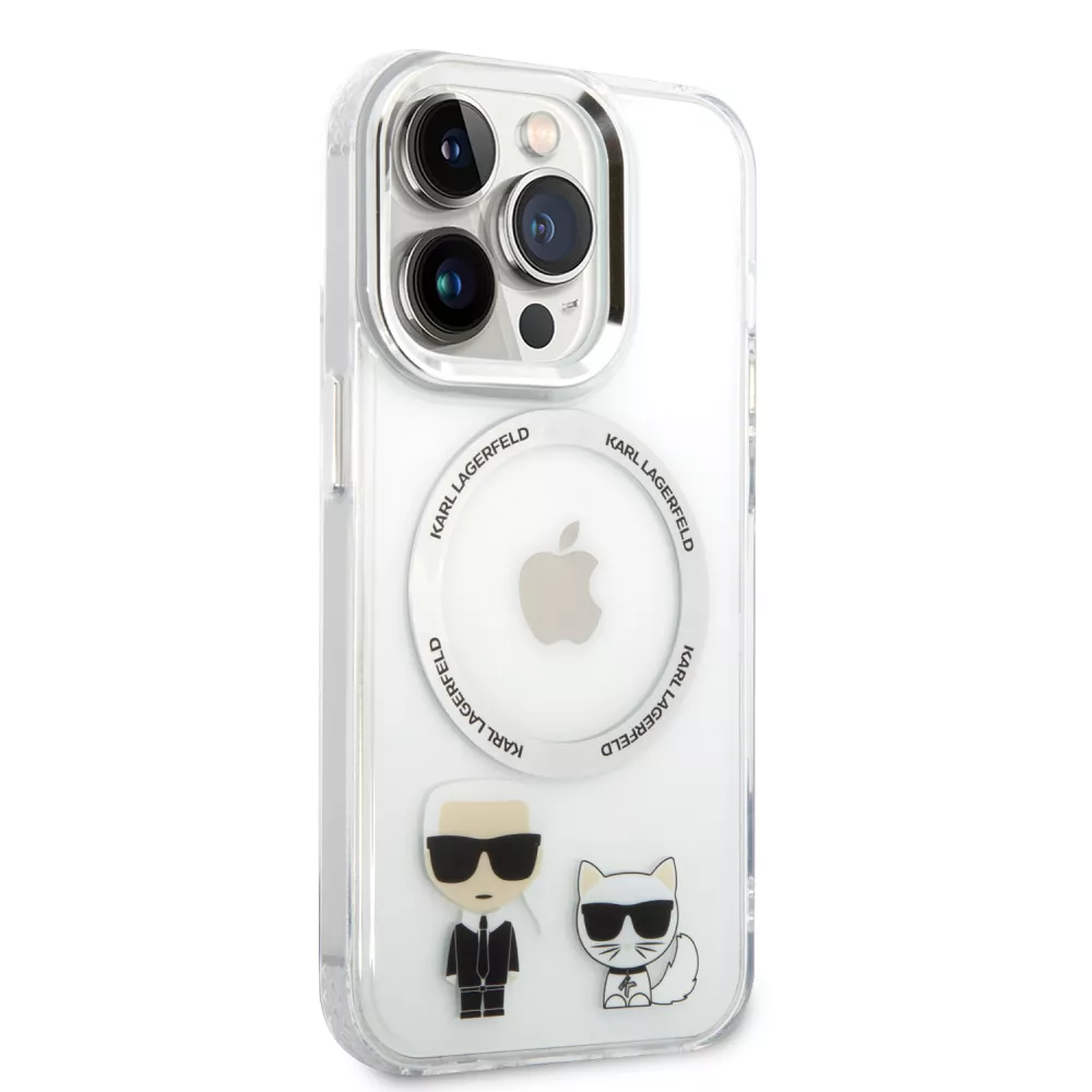 Coque iPhone 14 Pro - Karl Lagerfeld et Choupette duo gel rigide avec MagSafe argenté - Transparent