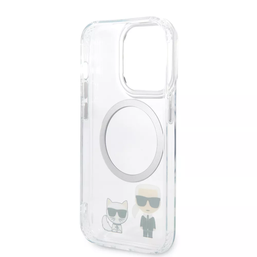 Coque iPhone 14 Pro - Karl Lagerfeld et Choupette duo gel rigide avec MagSafe argenté - Transparent