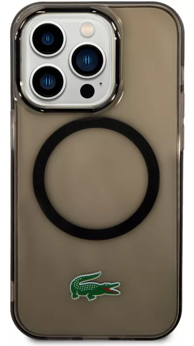 Coque iPhone 14 Pro - Lacoste gel laqué transparent avec MagSafe - Noir