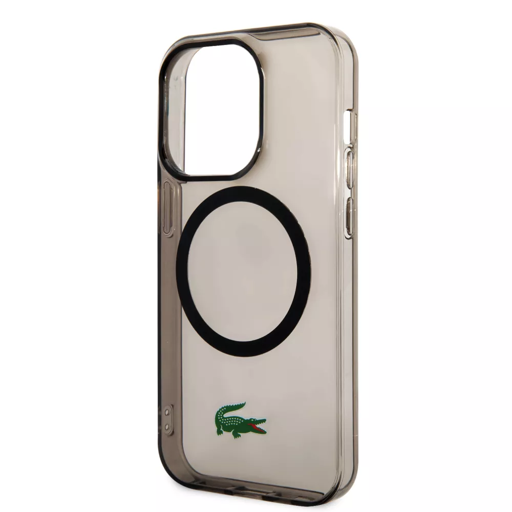 Coque iPhone 14 Pro - Lacoste gel laqué transparent avec MagSafe - Noir