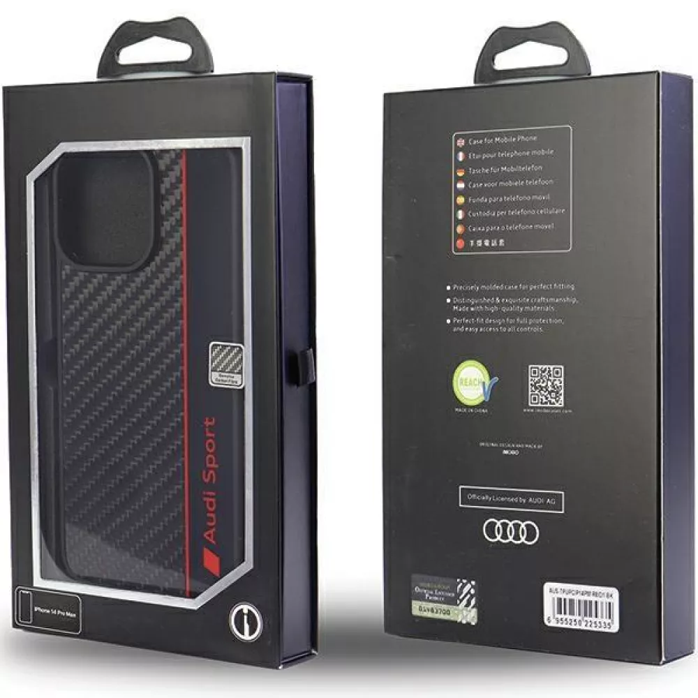 Coque iPhone 14 Pro Max - Audi Sport fibre de carbone véritable avec bords en silicone