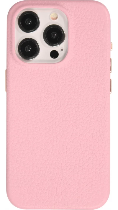 Coque iPhone 15 Pro Max - Cuir de veau luxe grain&eacute; int&eacute;gral avec boutons m&eacute;talliques et MagSafe - Rose