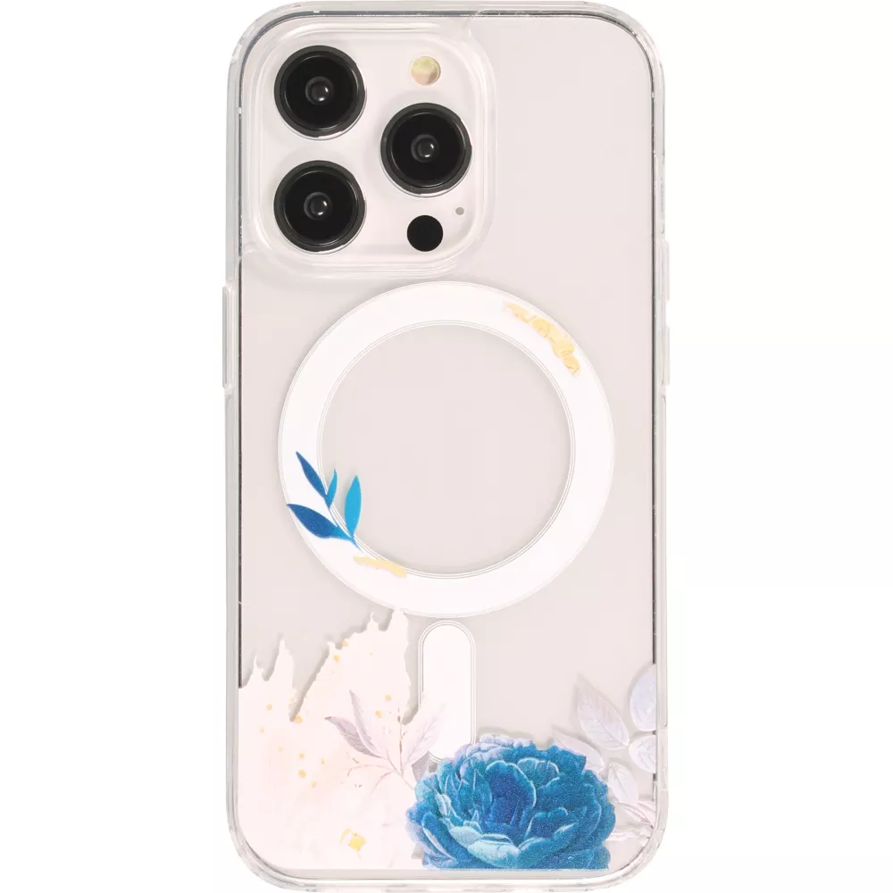 Coque iPhone 16 Pro - Gel silicone rigide avec MagSafe rose bleue - Transparent