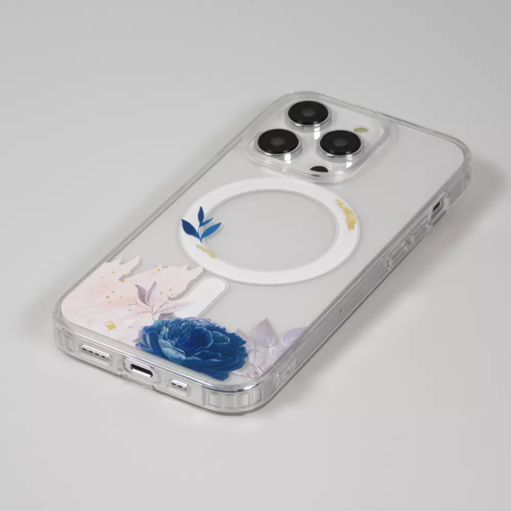 Coque iPhone 16 Pro - Gel silicone rigide avec MagSafe rose bleue - Transparent