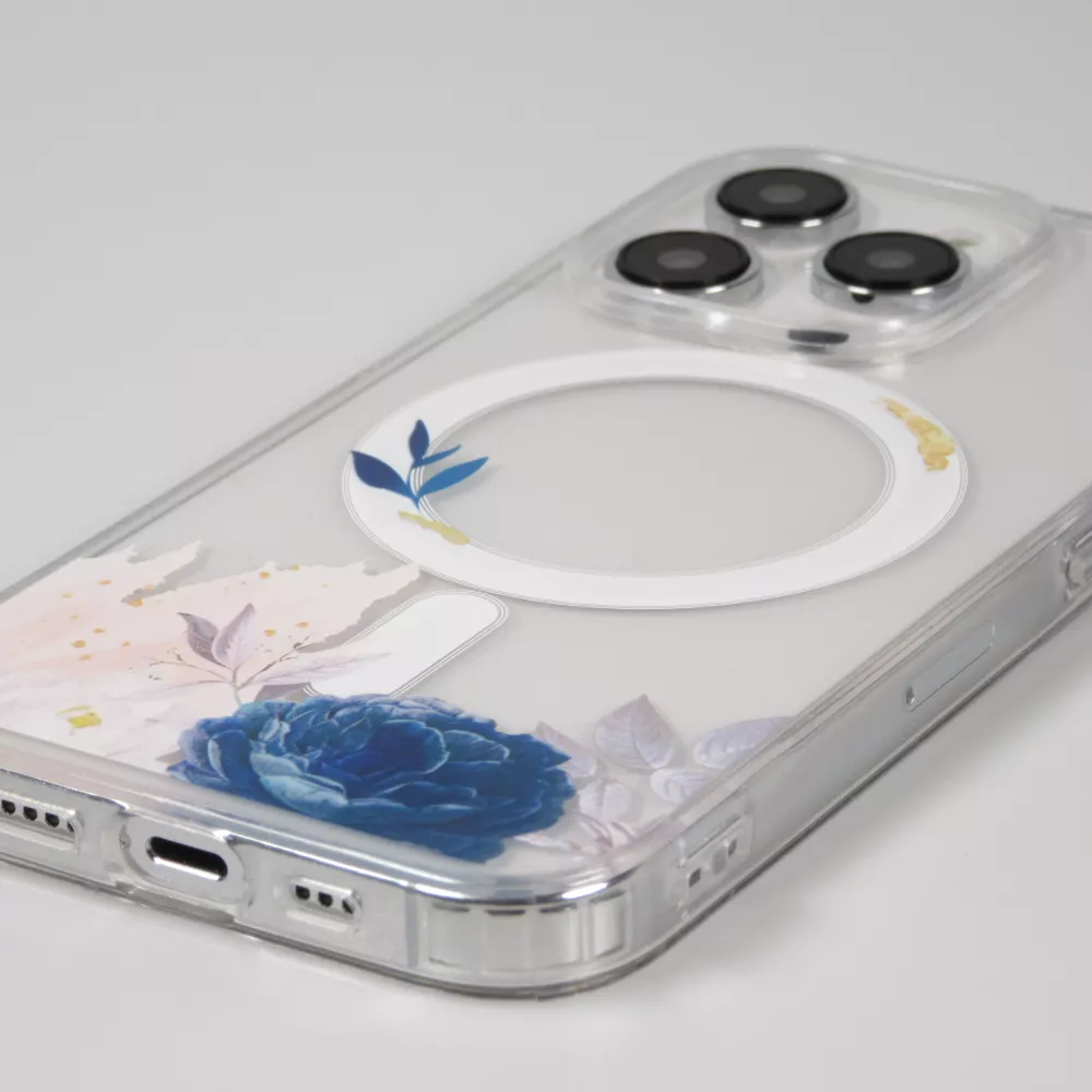 Coque iPhone 16 Pro - Gel silicone rigide avec MagSafe rose bleue - Transparent