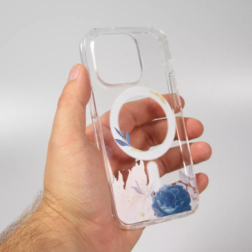 Coque iPhone 16 Pro - Gel silicone rigide avec MagSafe rose bleue - Transparent