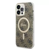 iPhone 14 Pro Max Case Hülle - Guess 2 in 1 Monogramm lackiert mit goldenem Magsafe und kabellosem Ladegerät - Braun