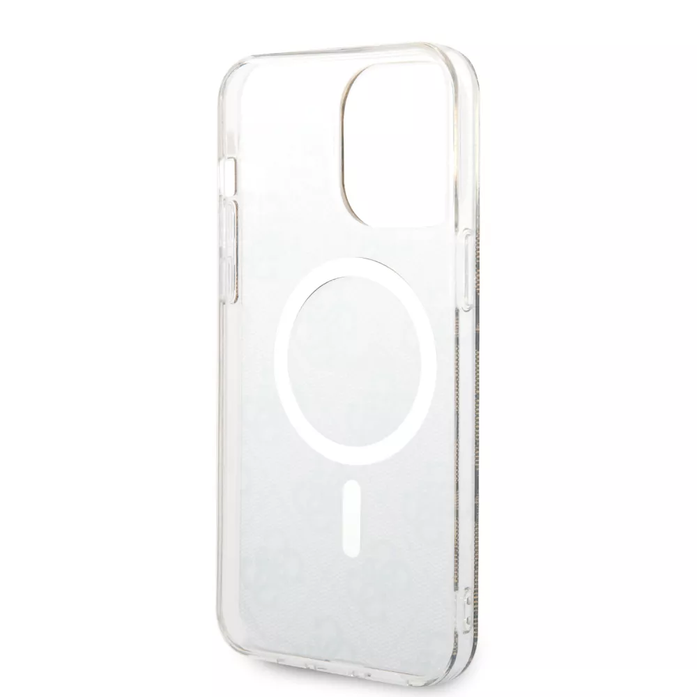 iPhone 14 Pro Max Case Hülle - Guess 2 in 1 Monogramm lackiert mit goldenem Magsafe und kabellosem Ladegerät - Braun
