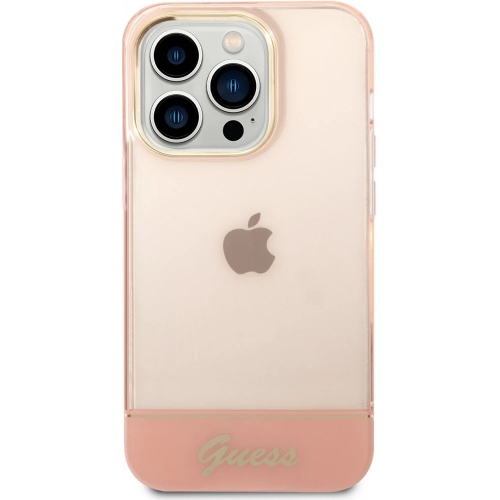 Coque iPhone 14 Pro Max - Guess gel rigid cam&eacute;ra outline transparent - Rose