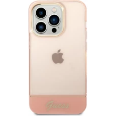 Coque iPhone 14 Pro Max - Guess gel rigid cam&eacute;ra outline transparent - Rose