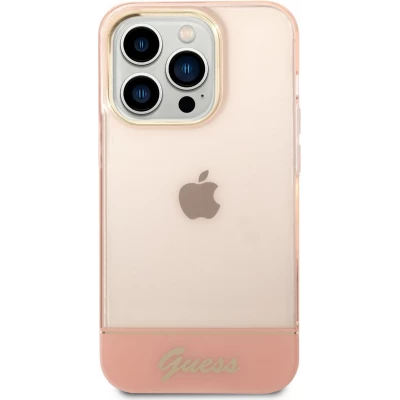 Coque iPhone 14 Pro Max - Guess gel rigid cam&eacute;ra outline transparent - Rose