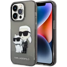 Coque iPhone 14 Pro - Karl Lagerfeld et Choupette duo gel rigide transparent pailleté - Gris