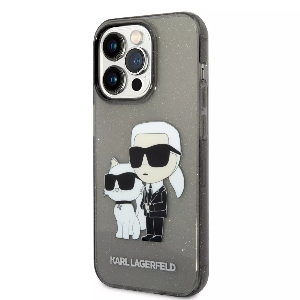 Coque iPhone 14 Pro - Karl Lagerfeld et Choupette duo gel rigide transparent pailleté - Gris