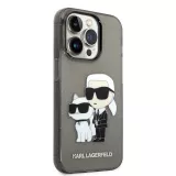 Coque iPhone 14 Pro - Karl Lagerfeld et Choupette duo gel rigide transparent pailleté - Gris